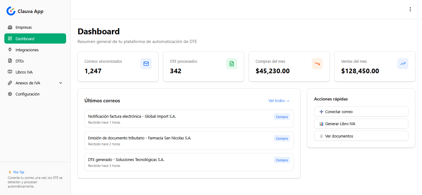 Dashboard de Clauva App - automatización de documentos tributarios electrónicos